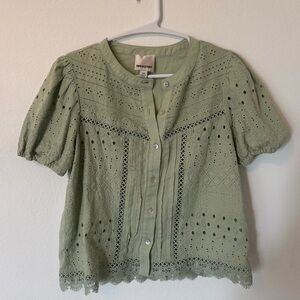 Eyelet Button-Front Puff Sleeve Blouse in Sage Green